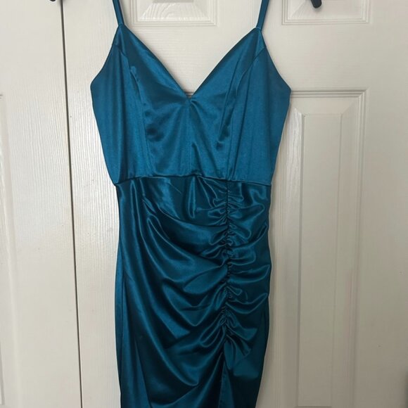 Honey and Rosie Spaghetti Strap V-Neck Ruched Satin Bodycon Dress - Picture 1 of 4